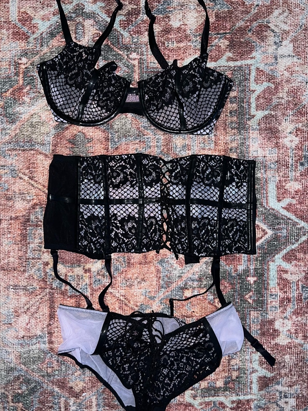 Victoria's Secret Black Lace Bra Corset & Panty Set